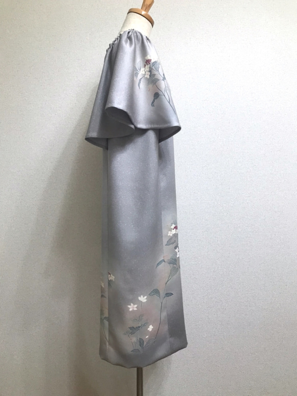 着物リメイク　紫陽花のフレアスリーブワンピースドレス 5枚目の画像
