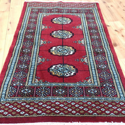 パキスタン絨毯 ハイクオリティ 97x61cm 玄関マット 手織り　ボハラデザイン　赤色 6枚目の画像
