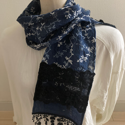 ハンドメイド◇ストールリネン藍染ブルーの実リーフ刺繍お花の刺繍