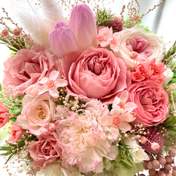 新作豪華プリザーブドフラワー希少なチューリップ 大輪オールドローズのピンク系アレンジ 母の日ギフト誕生日 結婚新築祝い 13枚目の画像