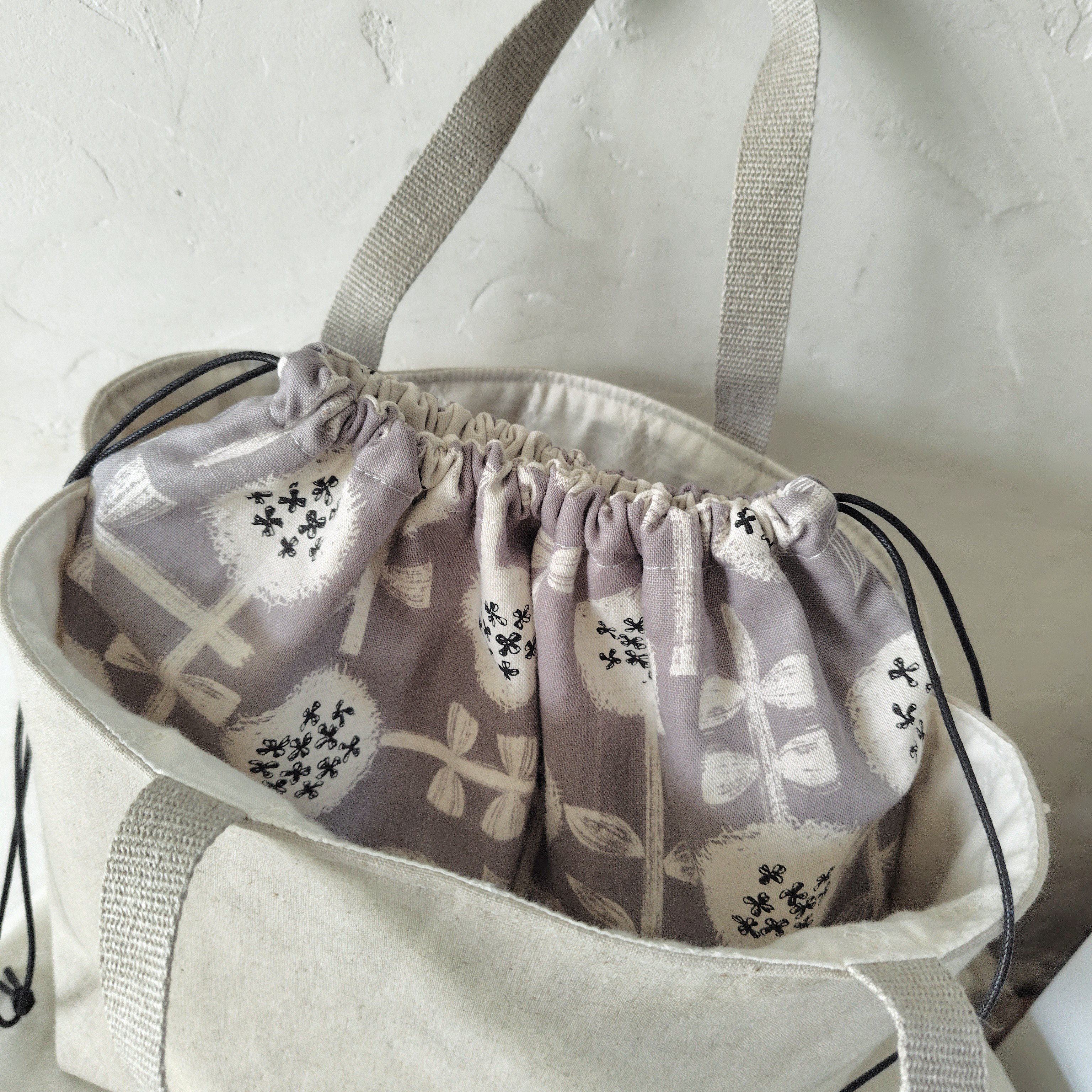 リネン*巾着*あおり型トートバッグ*北欧