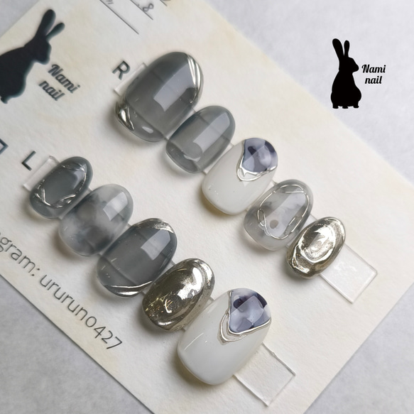 ネイルチップ グレー インク ニュアンス もやもや ミラー 【76  