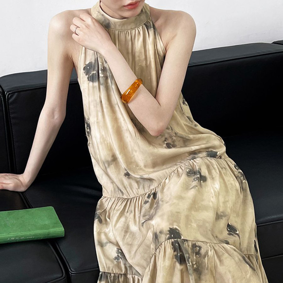 ワンピース 夏 大人 柄 フェアリー ホルターネック ドレス バックリボン ゆったり ロング ノースリーブ WFD50 3枚目の画像