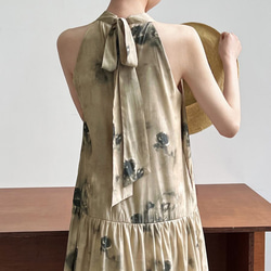 ワンピース 夏 大人 柄 フェアリー ホルターネック ドレス バックリボン ゆったり ロング ノースリーブ WFD50 9枚目の画像