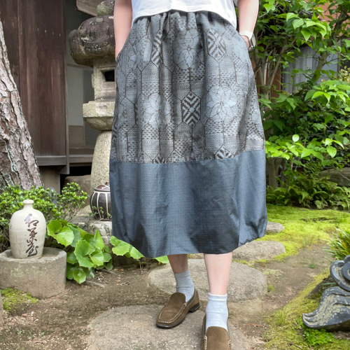 着物リメイク】ふんわりバルーンスカート/リバーシブル/大島紬 フレア  