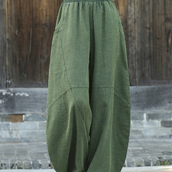 砂炒做舊ワイドパンツ 苎麻ロングパンツ #6188緑色 1枚目の画像