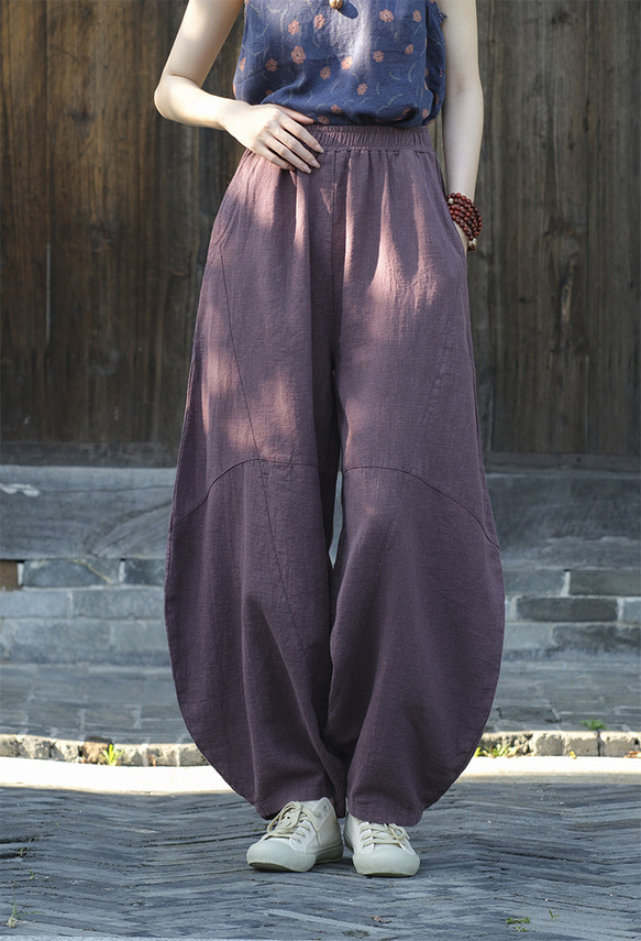 砂炒做舊ワイドパンツ 苎麻ロングパンツ #6188紫色 3枚目の画像