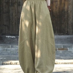 砂炒做舊ワイドパンツ 苎麻ロングパンツ 加絨厚みオプション秋冬保温 #6188草黄色 1枚目の画像