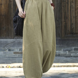 砂炒做舊ワイドパンツ 苎麻ロングパンツ 加絨厚みオプション秋冬保温 #6188草黄色 2枚目の画像