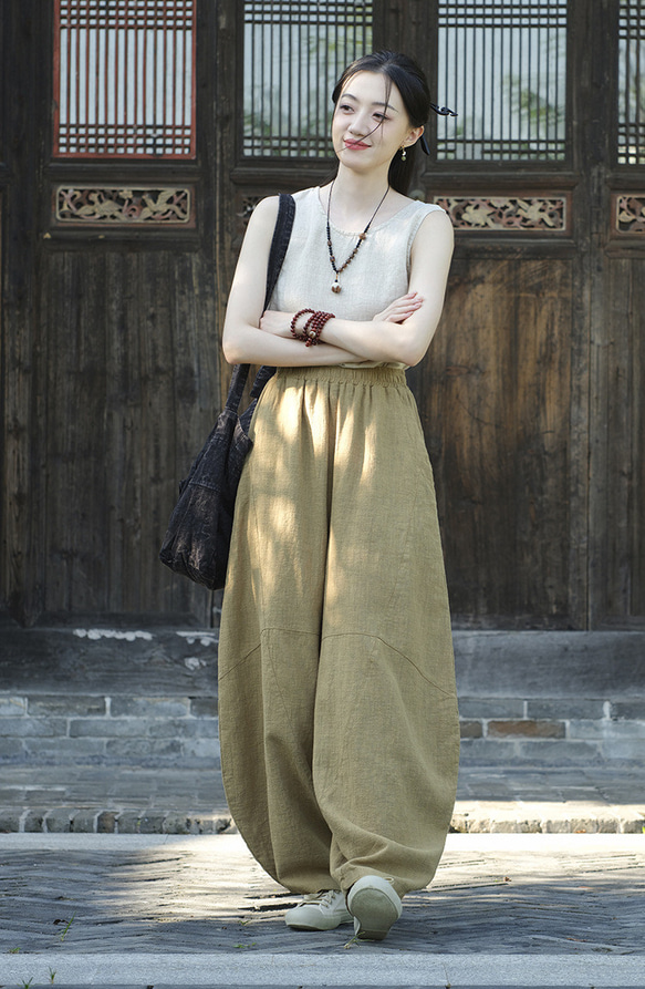 砂炒做舊ワイドパンツ 苎麻ロングパンツ 加絨厚みオプション秋冬保温 #6188草黄色 6枚目の画像