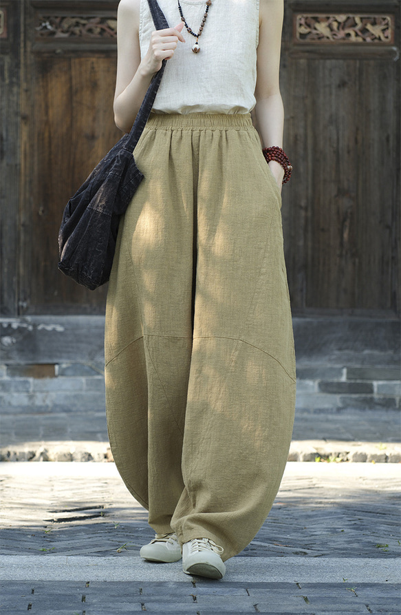砂炒做舊ワイドパンツ 苎麻ロングパンツ 加絨厚みオプション秋冬保温 #6188草黄色 5枚目の画像