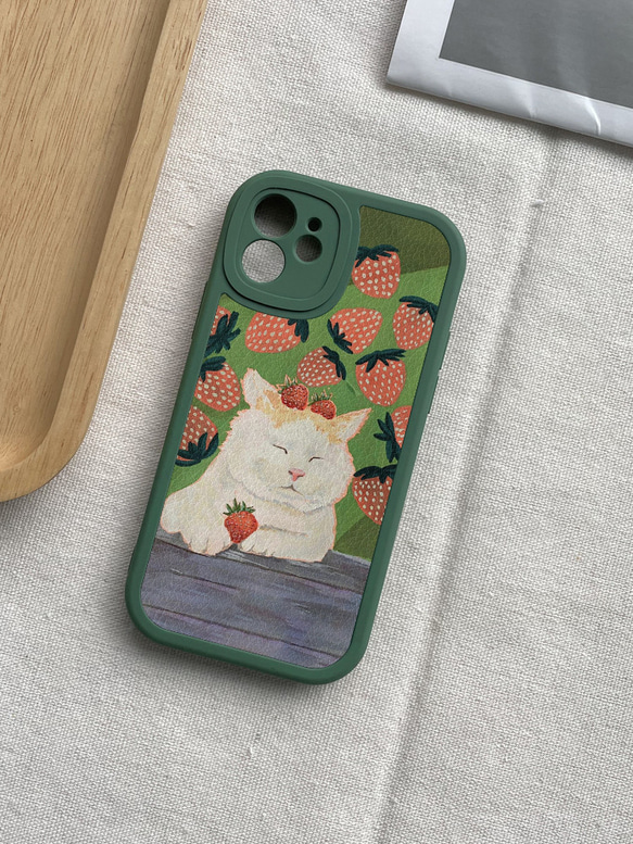 智慧型手機保護殼 兼容所有 iPhone 15/14/13/12/11 等型號 卡通草莓貓咪 全包防震手機套 第8張的照片