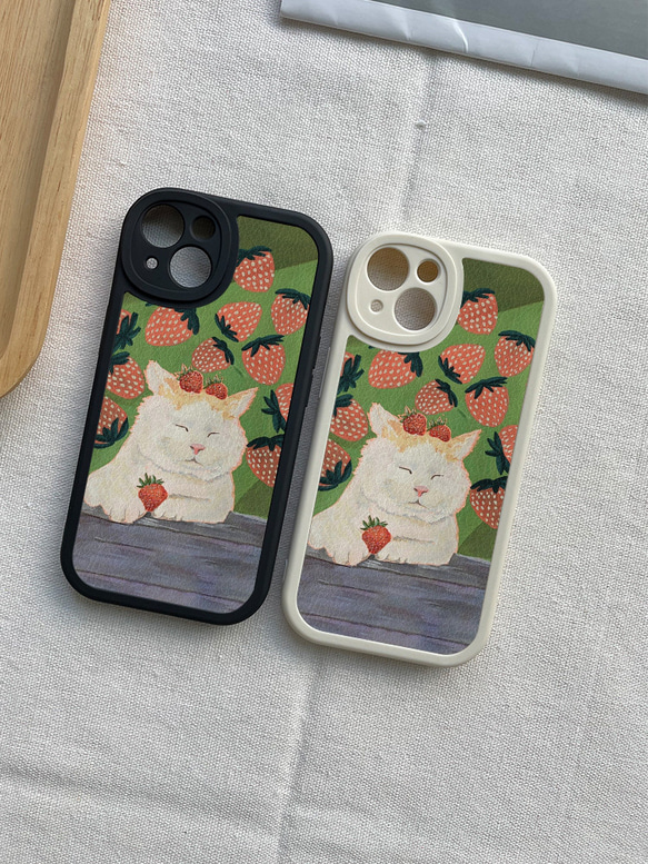 スマートフォン保護ケース、すべてのiPhone 15/14/13/12/11およびその他のモデルと互換性あり 漫画のイチゴ猫のオ 2枚目の画像