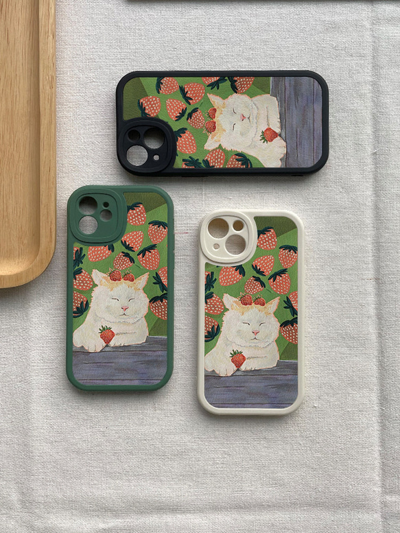 智慧型手機保護殼 兼容所有 iPhone 15/14/13/12/11 等型號 卡通草莓貓咪 全包防震手機套 第3張的照片
