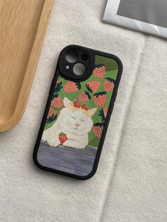 智慧型手機保護殼 兼容所有 iPhone 15/14/13/12/11 等型號 卡通草莓貓咪 全包防震手機套 第1張的照片