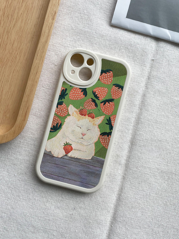 智慧型手機保護殼 兼容所有 iPhone 15/14/13/12/11 等型號 卡通草莓貓咪 全包防震手機套 第9張的照片