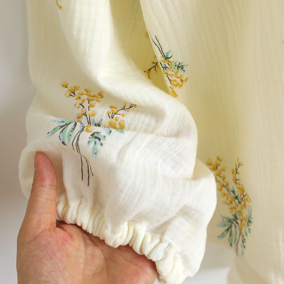 ガーゼ ミモザ柄 半袖 パジャマ 前開き 部屋着 敏感肌 母の日 綿100％ 4枚目の画像