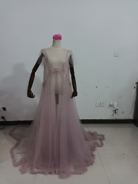 可愛い くすみピンク 妊婦ドレス マタニティ 写真撮影 シースルー  