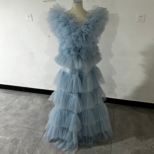 豪華！ブルー カラードレス Vネック 背中見せ チュールドレス ロング 2  