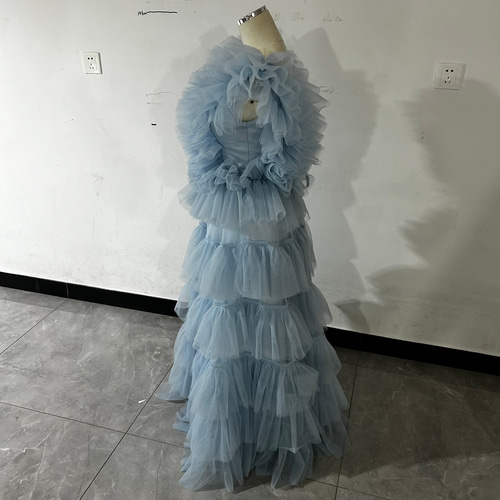 豪華！ブルー カラードレス Vネック 背中見せ チュールドレス ロング 2  