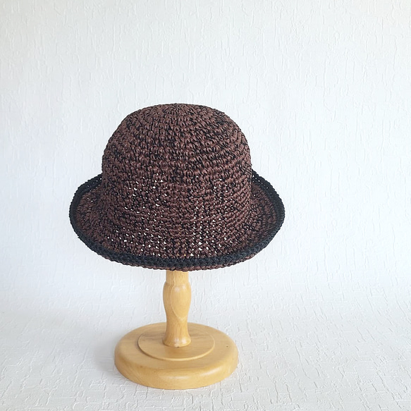 麦わら帽子 夏の帽子 モカ 黒 コットンラフィア 手編み UV対策 日よけ M お出かけ ナチュラル 軽い 4枚目の画像