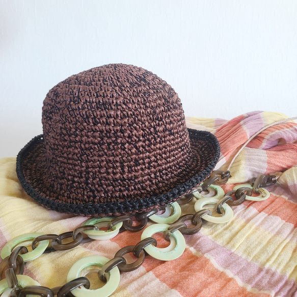 麦わら帽子 夏の帽子 モカ 黒 コットンラフィア 手編み UV対策 日よけ M お出かけ ナチュラル 軽い 7枚目の画像