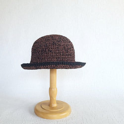 麦わら帽子 夏の帽子 モカ 黒 コットンラフィア 手編み UV対策 日よけ M お出かけ ナチュラル 軽い 2枚目の画像