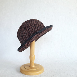 麦わら帽子 夏の帽子 モカ 黒 コットンラフィア 手編み UV対策 日よけ M お出かけ ナチュラル 軽い 3枚目の画像