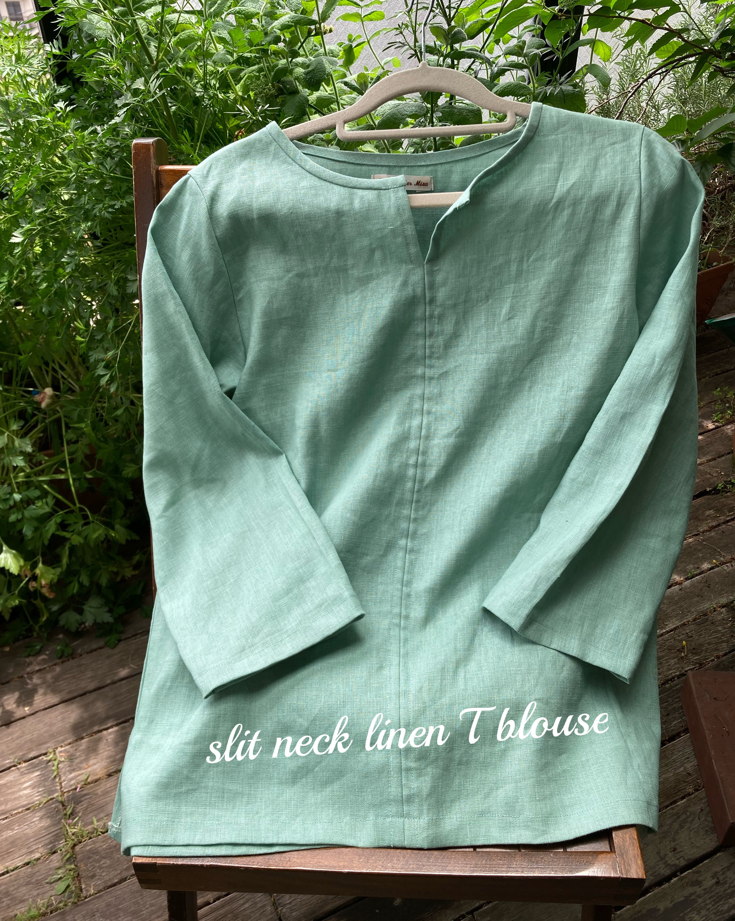 スリットネックのリネンＴブラウス　五分袖、七分袖、長袖　かぶって着られる　ｶﾗｰﾊﾞﾘｴｰｼｮﾝ豊富！　✳︎受注製作✳︎