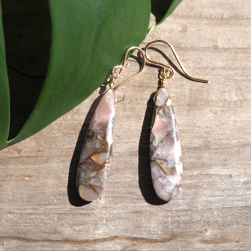 コッパーグァバクォーツピアス 14kgf ロングペアシェイプ ピアス  