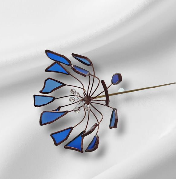 シーガラスアート　青い花　ステンドグラス雑貨　造花　インテリアアイテム　サンキャッチャー　窓辺　出窓飾り　送料無料 1枚目の画像