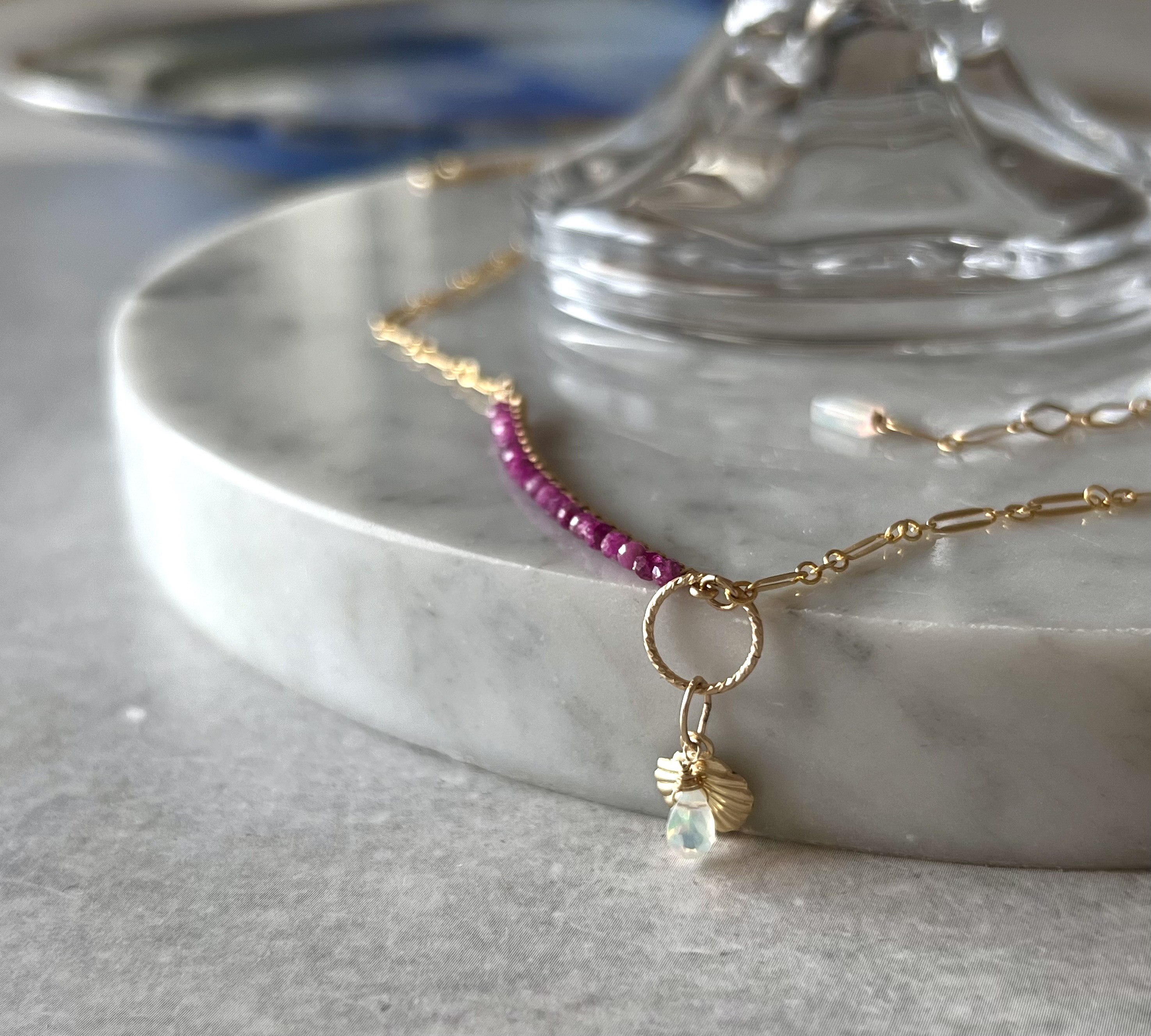 ２WAYバーネックレス（シェル型チャーム付）【ルビー】14kgf 7月誕生石