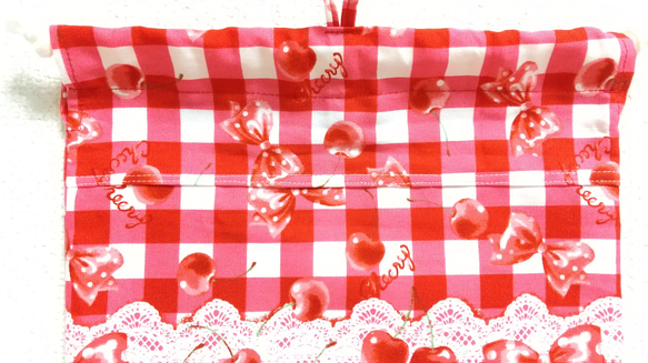 ☆120cm ラスト１セット☆チェリー＆リボン（赤）キッズエプロン・巾着袋セット 9枚目の画像
