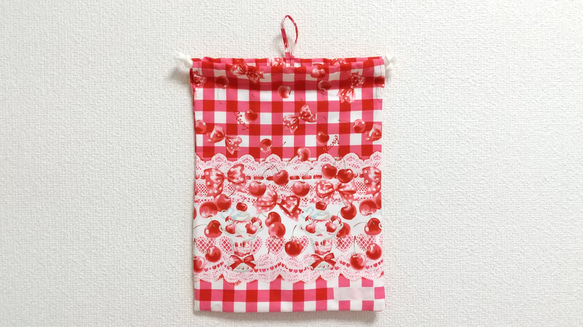 ☆120cm ラスト１セット☆チェリー＆リボン（赤）キッズエプロン・巾着袋セット 7枚目の画像