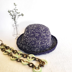 麦わら帽子 夏の帽子 ネイビー コットンラフィア 手編み UV対策 日よけ M ナチュラル 大人可愛い 軽い 1枚目の画像