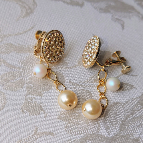 イヤリング ゴールド ラウンド型 スワロフスキー パール ライン  