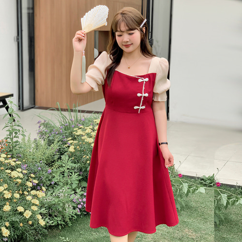 春夏新作 XL~5XL スクエアネック 半袖 バブルスリーブワンピース