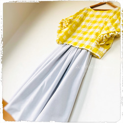 播州織り 先染めドット柄 ふんわりタックギャザースカート 便利な両脇ポケット付き 1枚目の画像