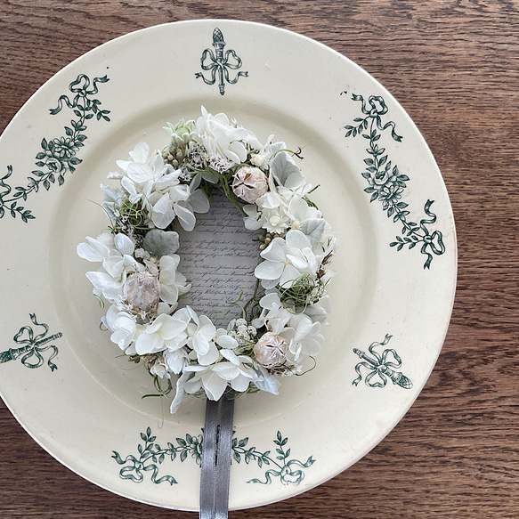 紫陽花 シュガーホワイト＆グリーンのオーバルリース アンティーク風  