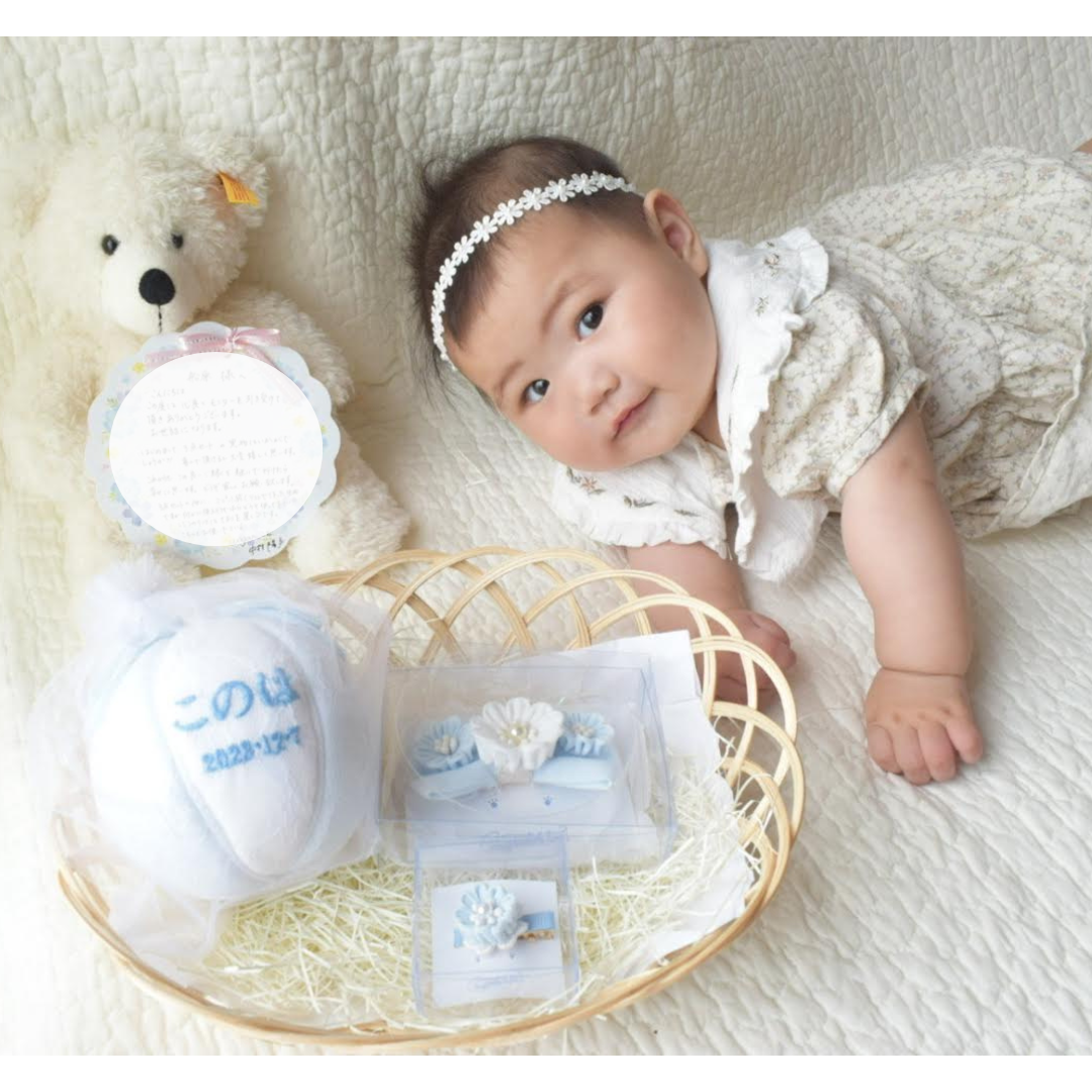 出産祝い  てまり 名入れ つまみ細工 ベビーヘアバンド    ミニクリップピン 3点セット