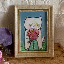 絵画。原画手描【美しい花束を抱いたかわいい猫ちゃん】05 3枚目の画像