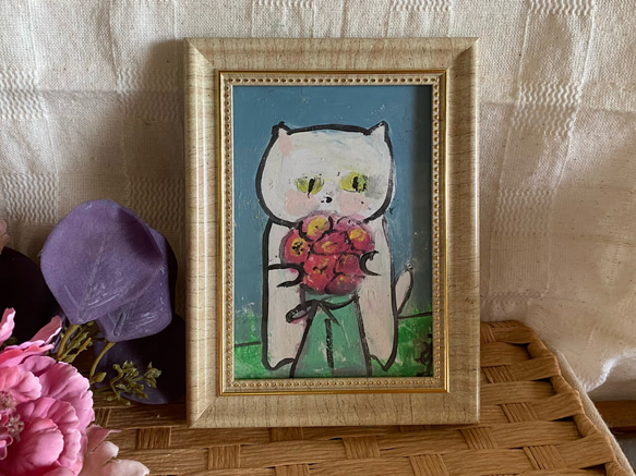 絵画。原画手描【美しい花束を抱いたかわいい猫ちゃん】05 3枚目の画像