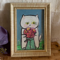 絵画。原画手描【美しい花束を抱いたかわいい猫ちゃん】05 1枚目の画像
