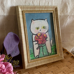 絵画。原画手描【美しい花束を抱いたかわいい猫ちゃん】05 2枚目の画像