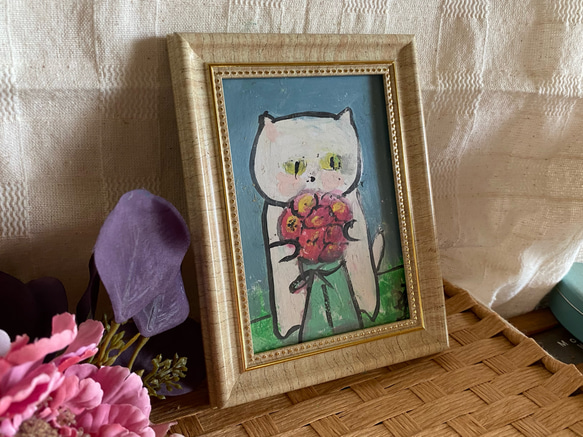 絵画。原画手描【美しい花束を抱いたかわいい猫ちゃん】05 2枚目の画像