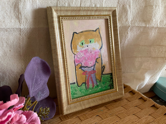 絵画。原画手描【美しい花束を抱いたかわいい猫ちゃん】07 2枚目の画像