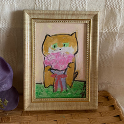絵画。原画手描【美しい花束を抱いたかわいい猫ちゃん】07 3枚目の画像