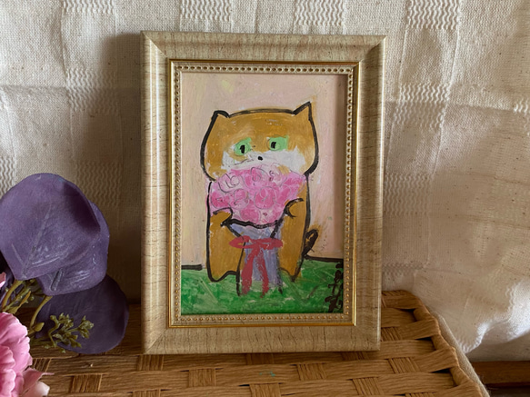 絵画。原画手描【美しい花束を抱いたかわいい猫ちゃん】07 3枚目の画像