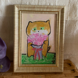 絵画。原画手描【美しい花束を抱いたかわいい猫ちゃん】07 1枚目の画像