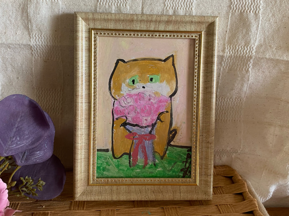 絵画。原画手描【美しい花束を抱いたかわいい猫ちゃん】07 1枚目の画像